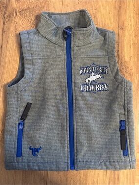 Cinch Kids Grey Vest with Blue Trim and Embroidered Cowboy